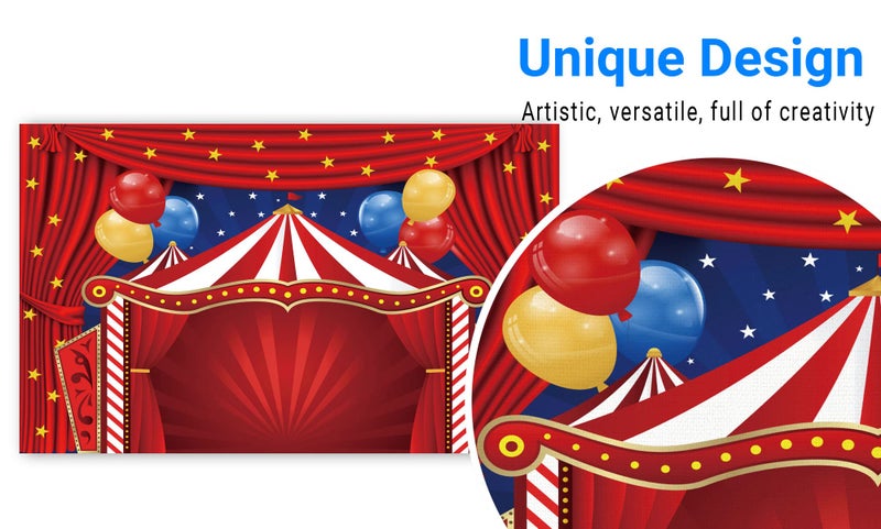 Funnytree Big Top Circus Theme Party Backdrop Carnival Carousel Red Tent Baby Shower Birthday Photography Background Cartoon Curtain Stars Balloon Cake Table Decorations Banner Photo Booth - Image 3